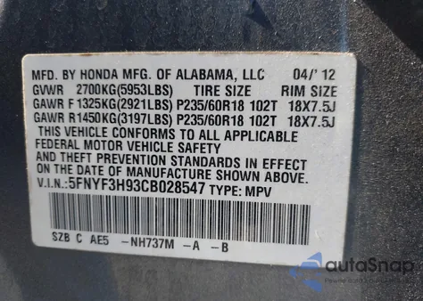 2012 Honda Pilot Touring z USA, uszkodzony, nr VIN 5FNYF3H93CB028547